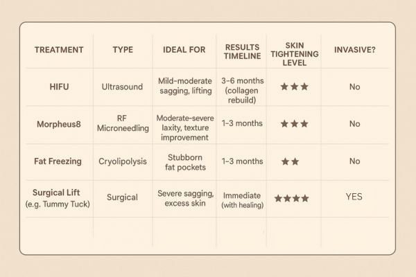 Table showing the comparisons of Skin tightening Kingstanding treatment options. 